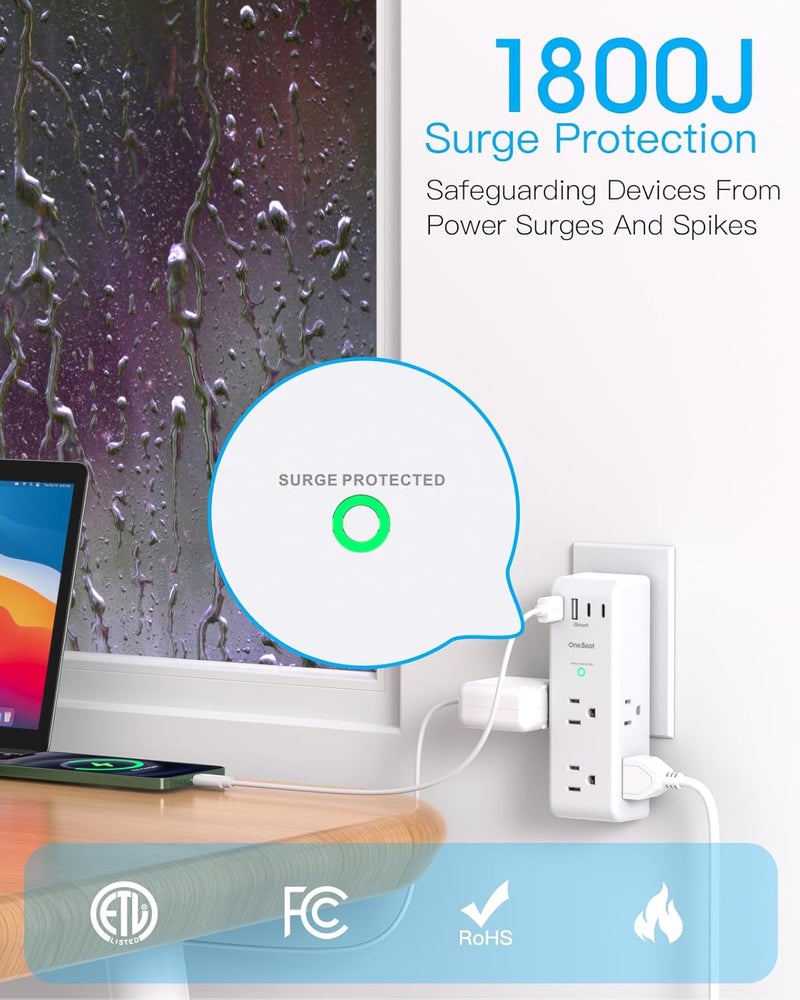 One Beat Surge Protector Outlet Extender - with Rotating Plug, 6 AC Multi Plug Outlet with 4 USB Ports (2 USB C), 1800J Wall Charger, 3-Sided Power Strip with Spaced Outlet Splitter for Home, Office, Travel - Image 5